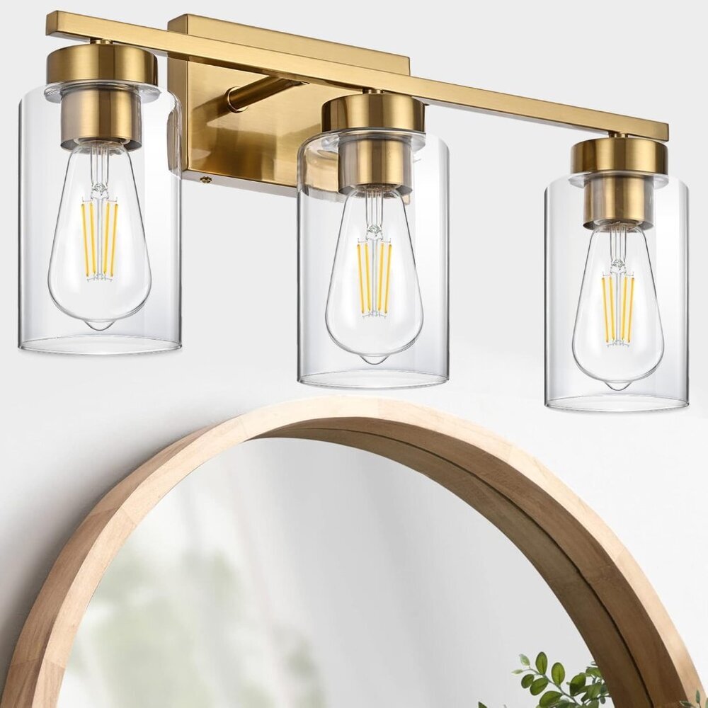 3-Light Bathroom Vanity Light, Modern Brushed Gold Wall Lights with Clear Glass